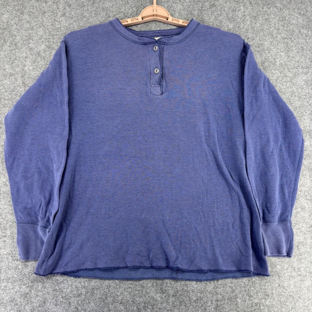 LL Bean Vintage Henley Shirt Womens Large Blue Cotton Wool Blend Made in USA